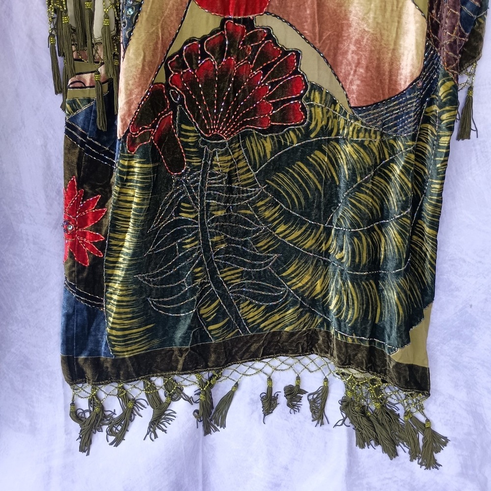 Chico's Vintage Olive Silk Velvet Burnout Tassel Beaded Kimono - Picture 9 of 11